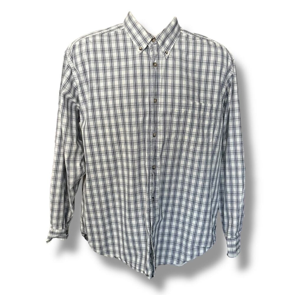 Wrangler Cool River Cotton Plaid Button-Down Shirt L Blue/White 100% Cotton